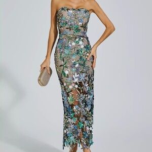 Floral Sheer Sequin Embellished Strapless Dress